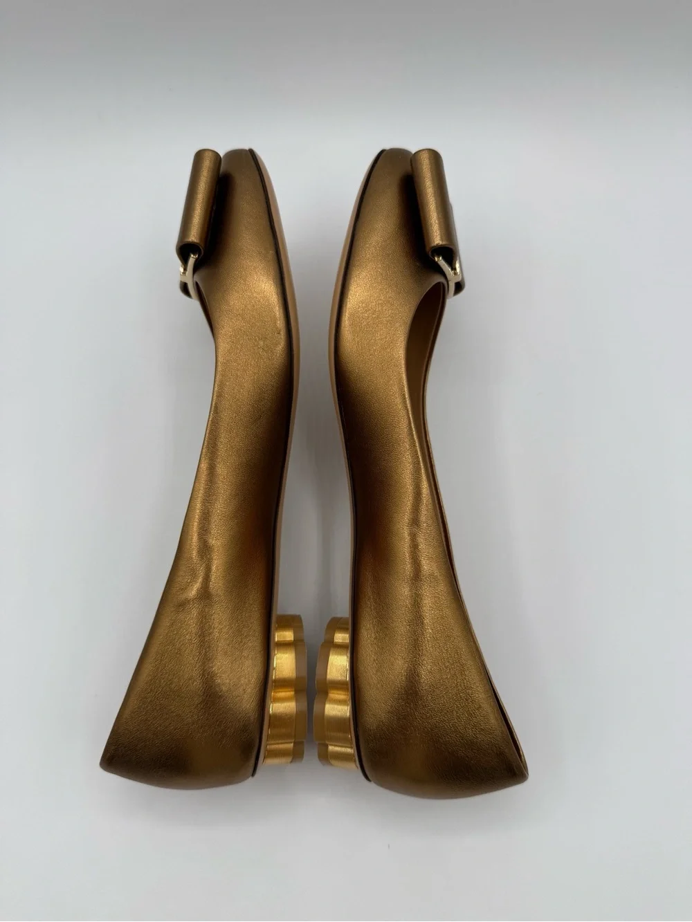 Salvatore Ferragamo Sarno Flower Heel Bronze Metallic Vara Bow Ballet Flats